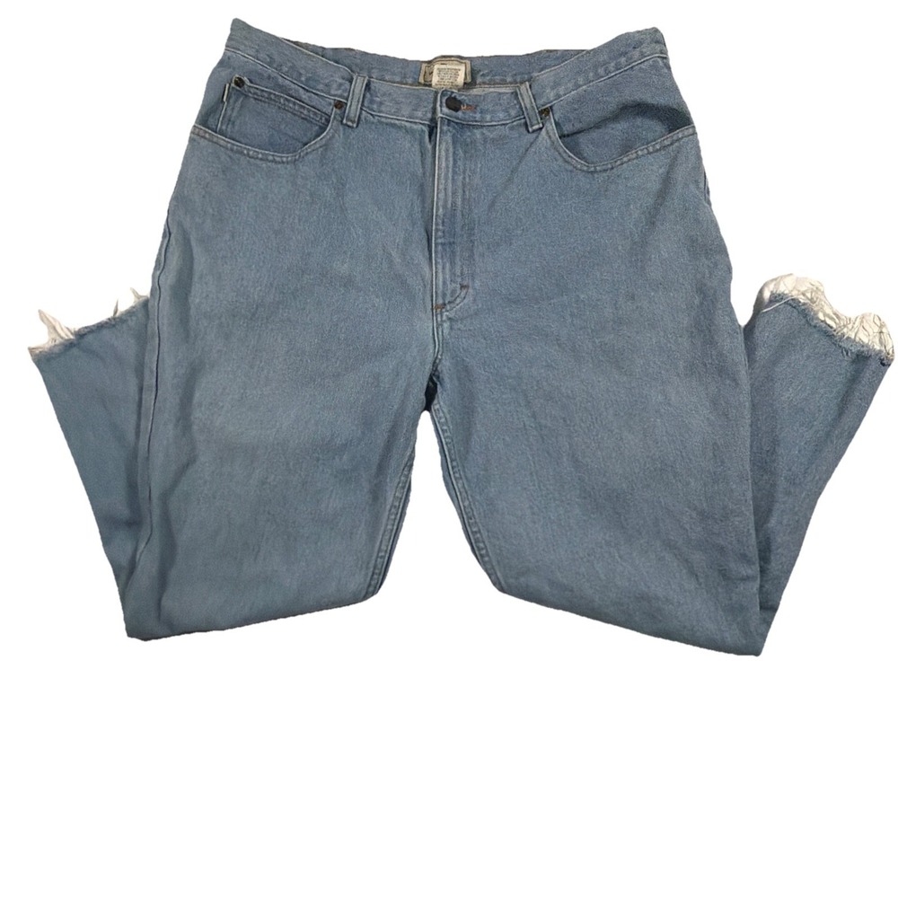LL Bean Relaxed Jeans Mens Size 38x34 Blue Light Wash Raw Hem